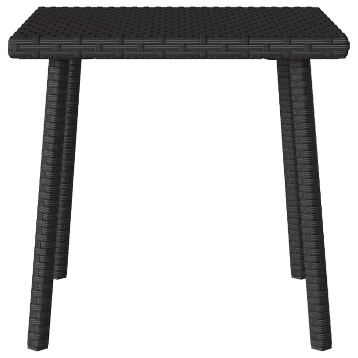 Schwarzer quadratischer Korbtisch mit vier Beinen. Der Tisch ist leer.