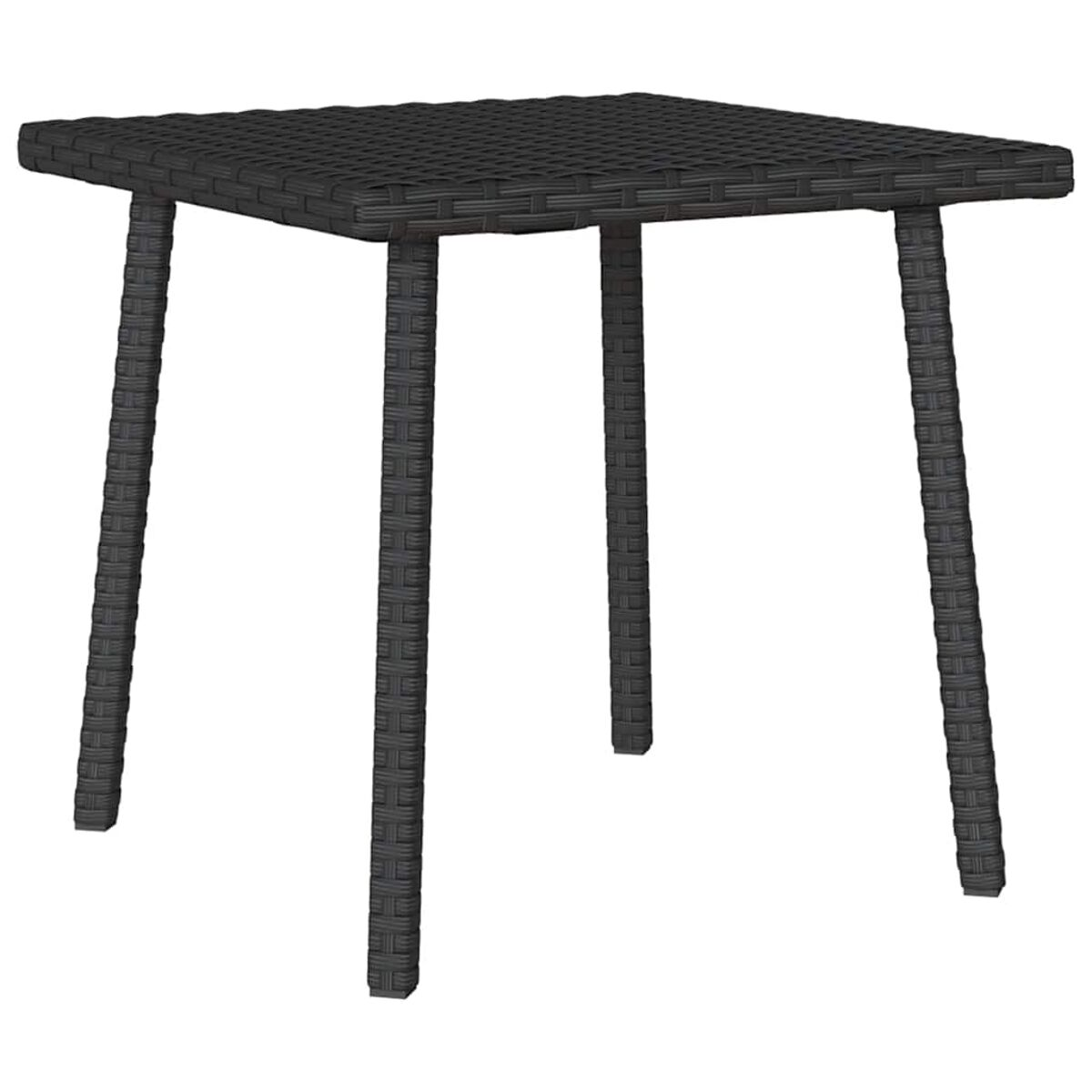 Schwarzer quadratischer Korbtisch mit vier Beinen. Weißer Hintergrund. Oberseite gewebt.