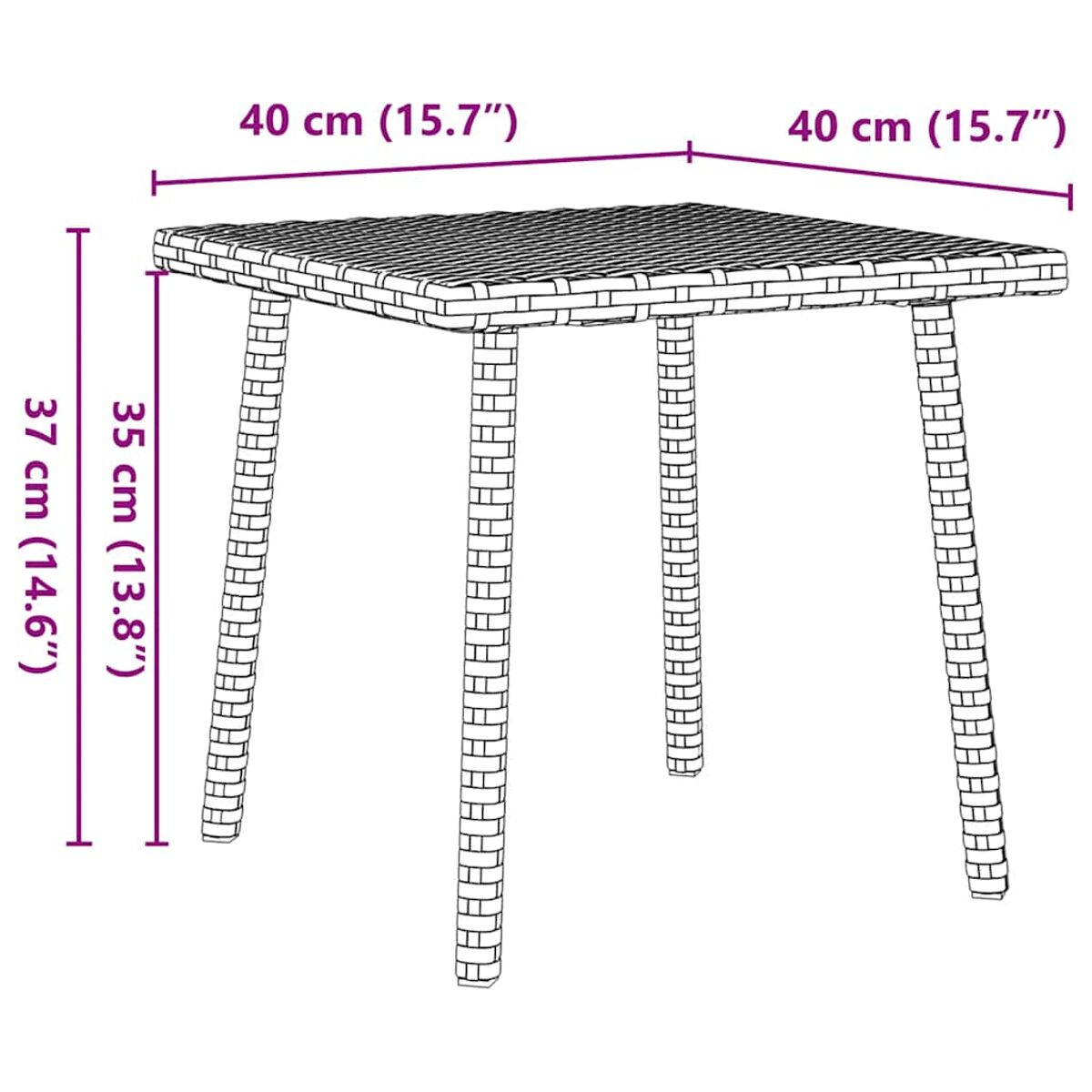 Kleiner quadratischer Tisch. Schwarzes Webmuster, mit Abmessungen. 40 cm Seiten, 37 cm Höhe und 35 cm Höhe.