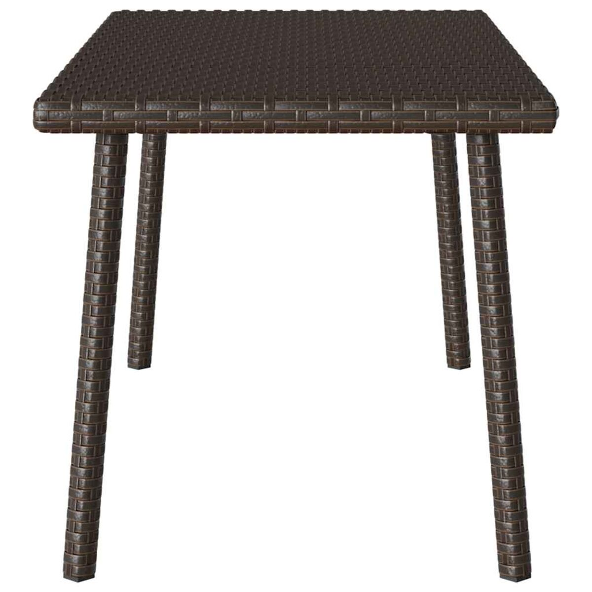 Dunkelbrauner quadratischer Korbtisch mit vier Beinen. Weißer Hintergrund.