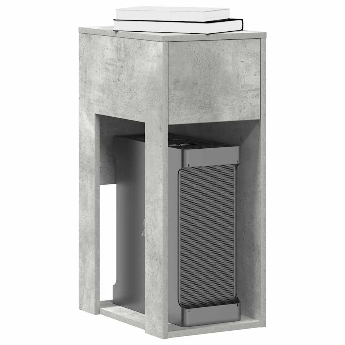 Grauer Beistelltisch aus Beton mit einem Buch oben und einem schwarzen Lautsprecher darin.