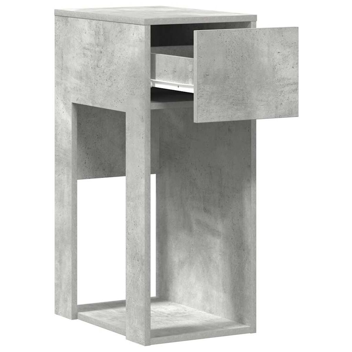 Ein Beistelltisch im Beton-Stil mit offener Schublade und offenem Bodenregal. Er ist grau und hat ein minimalistisches Design.