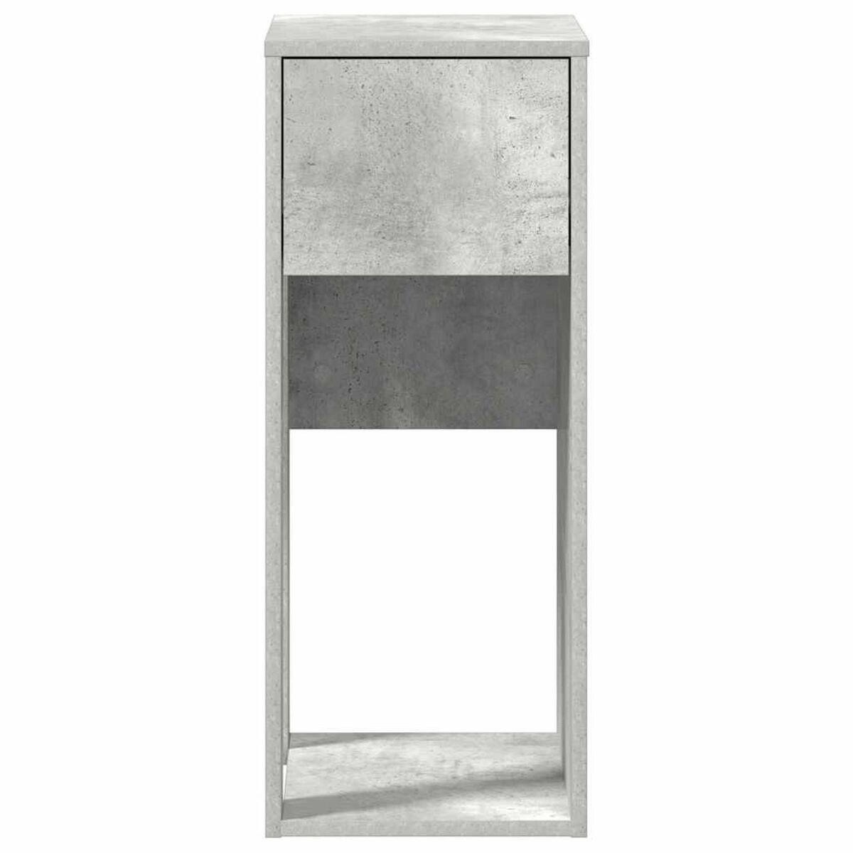 Hoher Betonschrank mit zwei grauen Abschnitten und einem weißen offenen Abschnitt. Es ist minimalistisch.