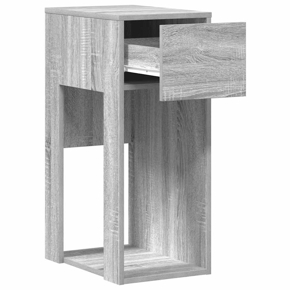 Ein grauer Holzschrank mit offener Schublade. Er hat ein schlichtes Design mit grauem Finish.