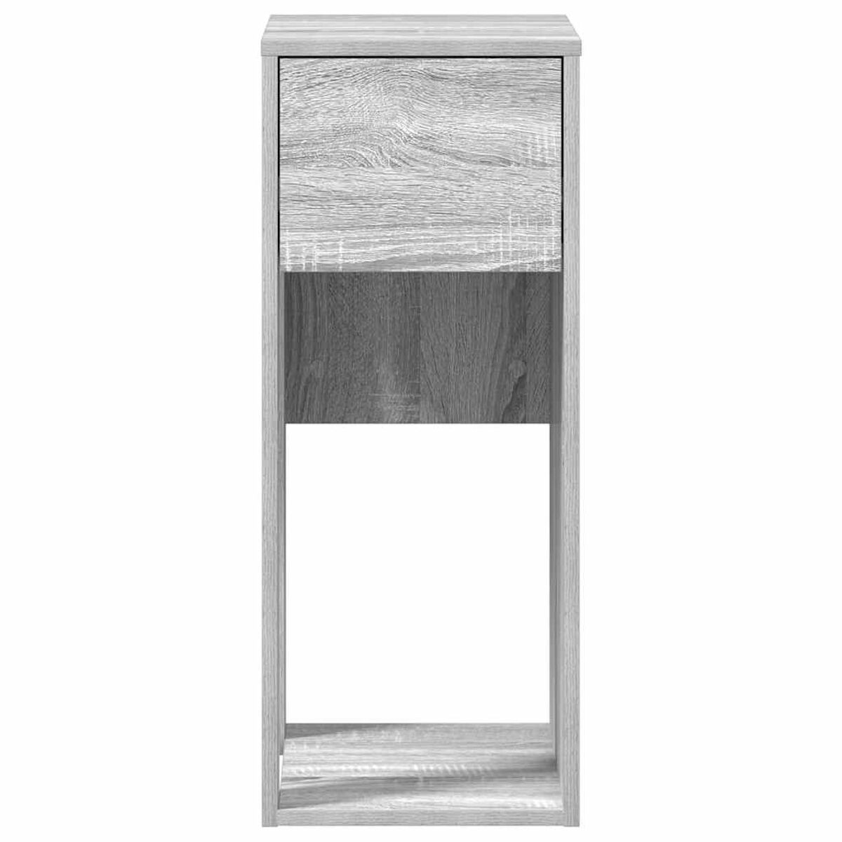 Ein hoher, vertikaler Schrank. Er hat eine Schublade, einen offenen Bereich und Holzmaserungsdetails.
