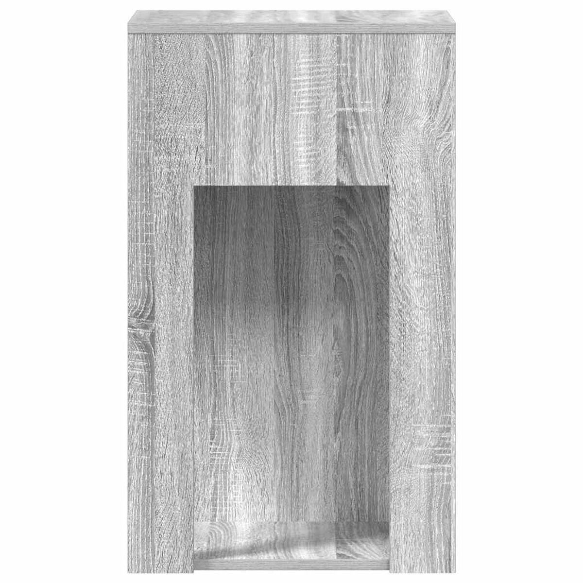 Ein grauer Holzschrank mit einer eingelassenen Platte.