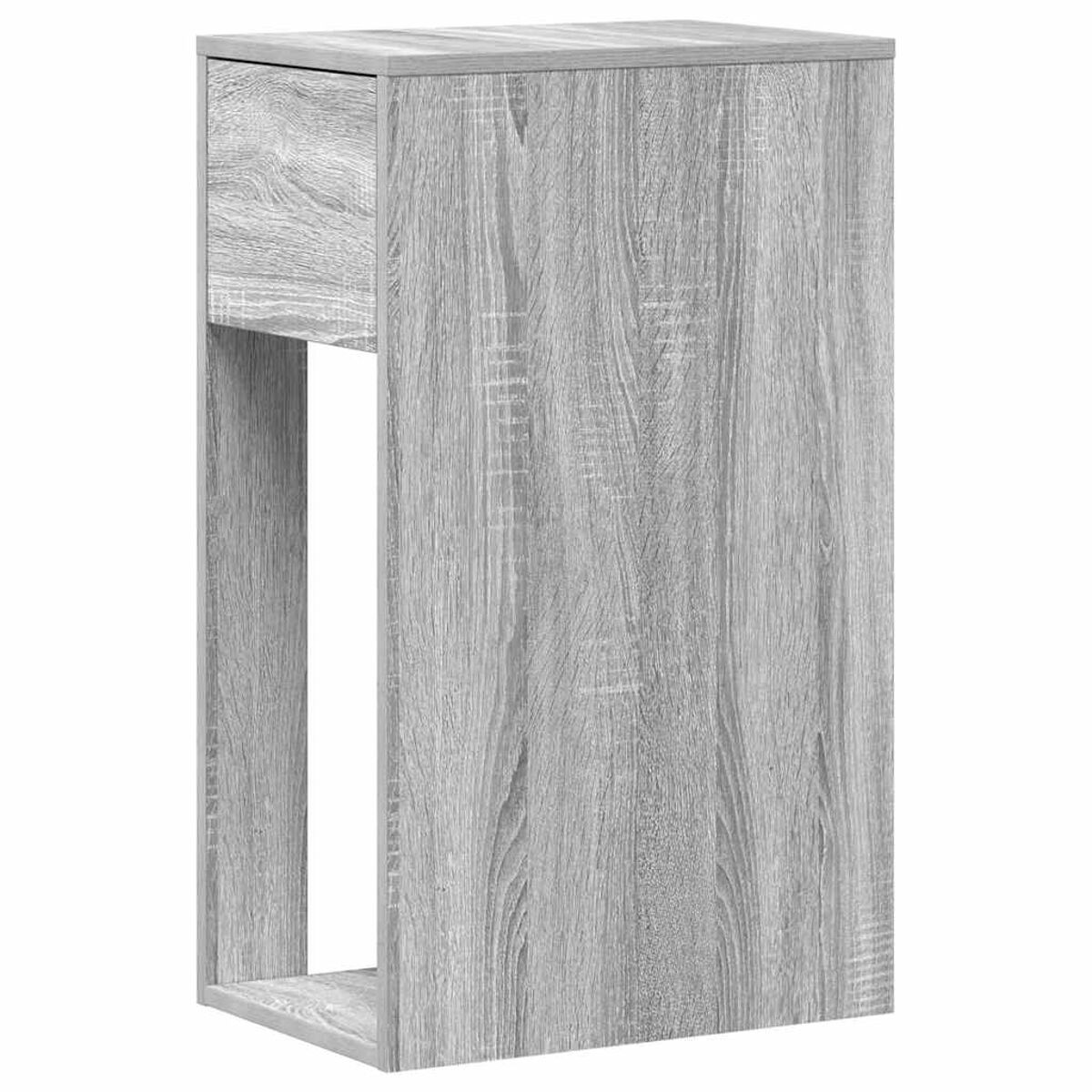 Ein grauer Beistelltisch aus Holz mit Schublade und offenem Regal.