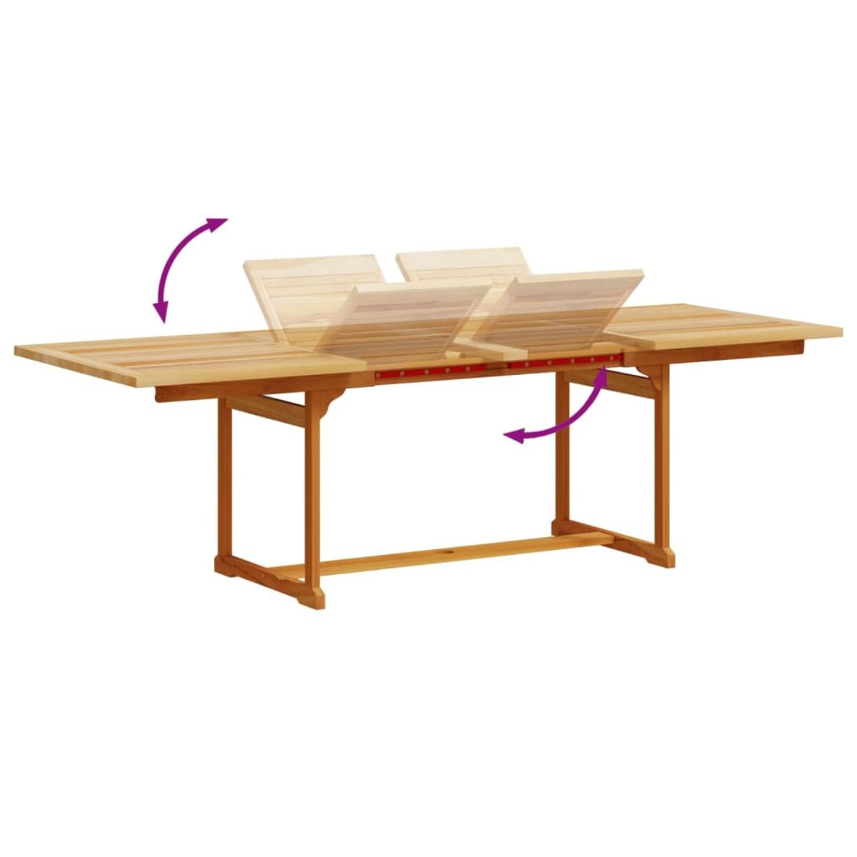 Tavolo allungabile in legno con frecce che indicano le direzioni di estensione.