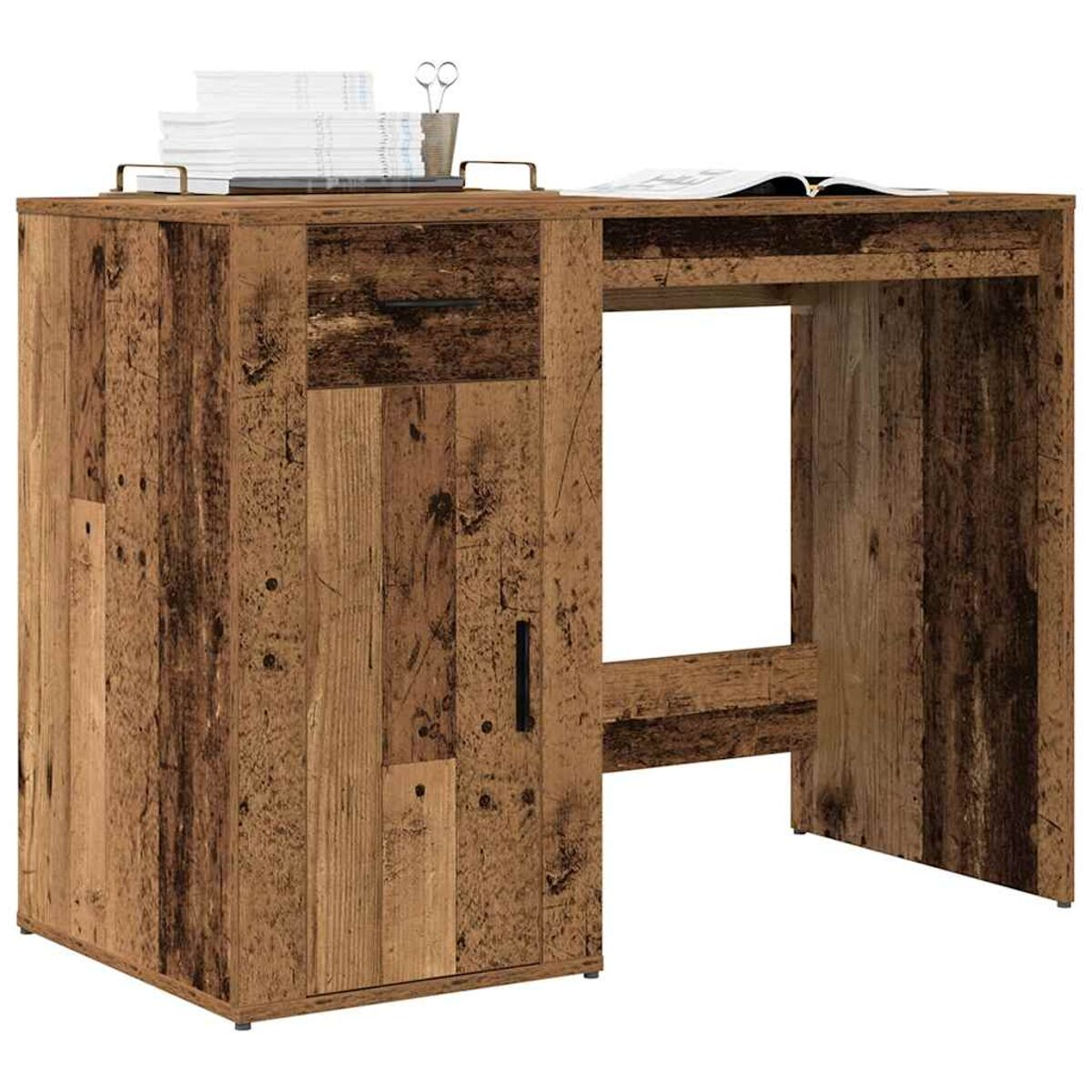 Holzschreibtisch mit Schublade, Schrank und Platz für einen Stuhl, mit Gegenständen oben.