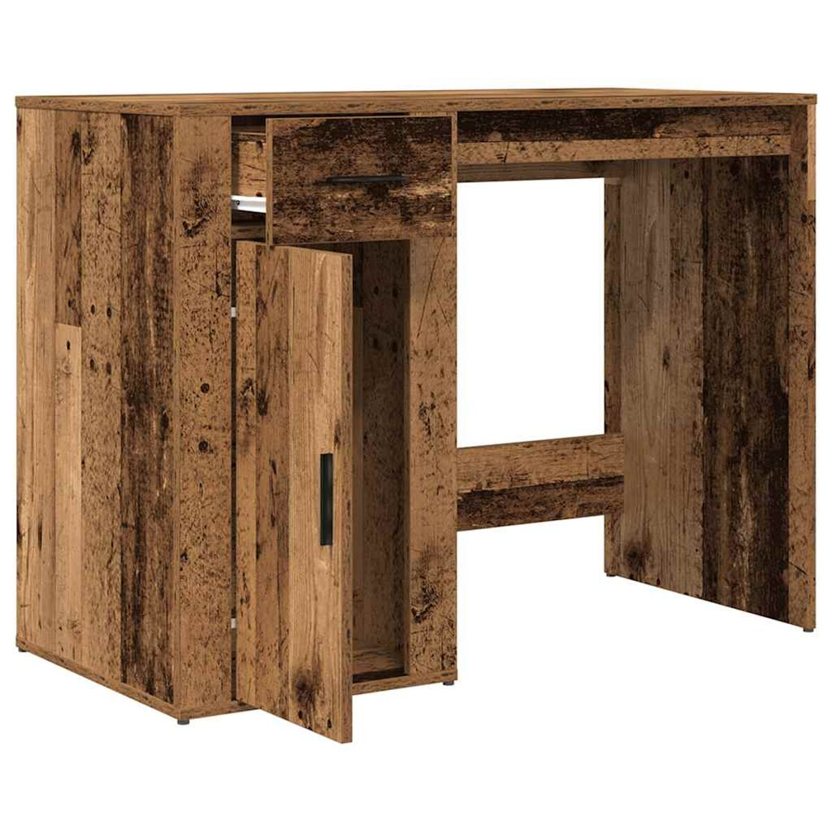 Holzschreibtisch mit Schublade und Schrank. Die Schranktür ist offen. Holz hat rustikale Textur.