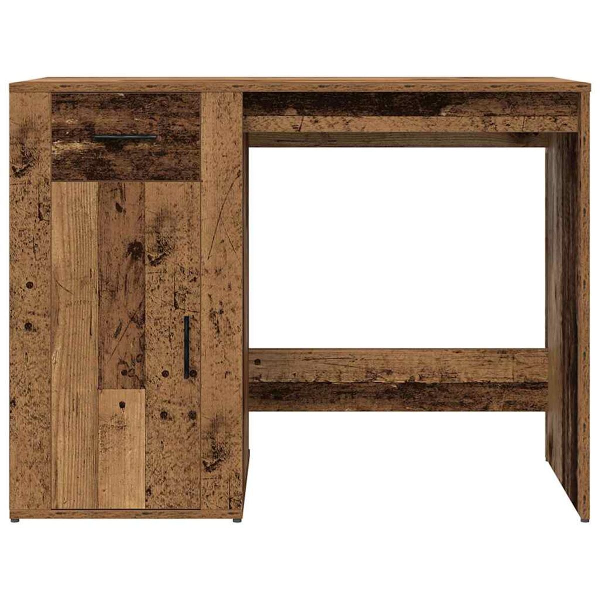 Ein Holzschreibtisch mit Schublade und Schrank auf der linken Seite.