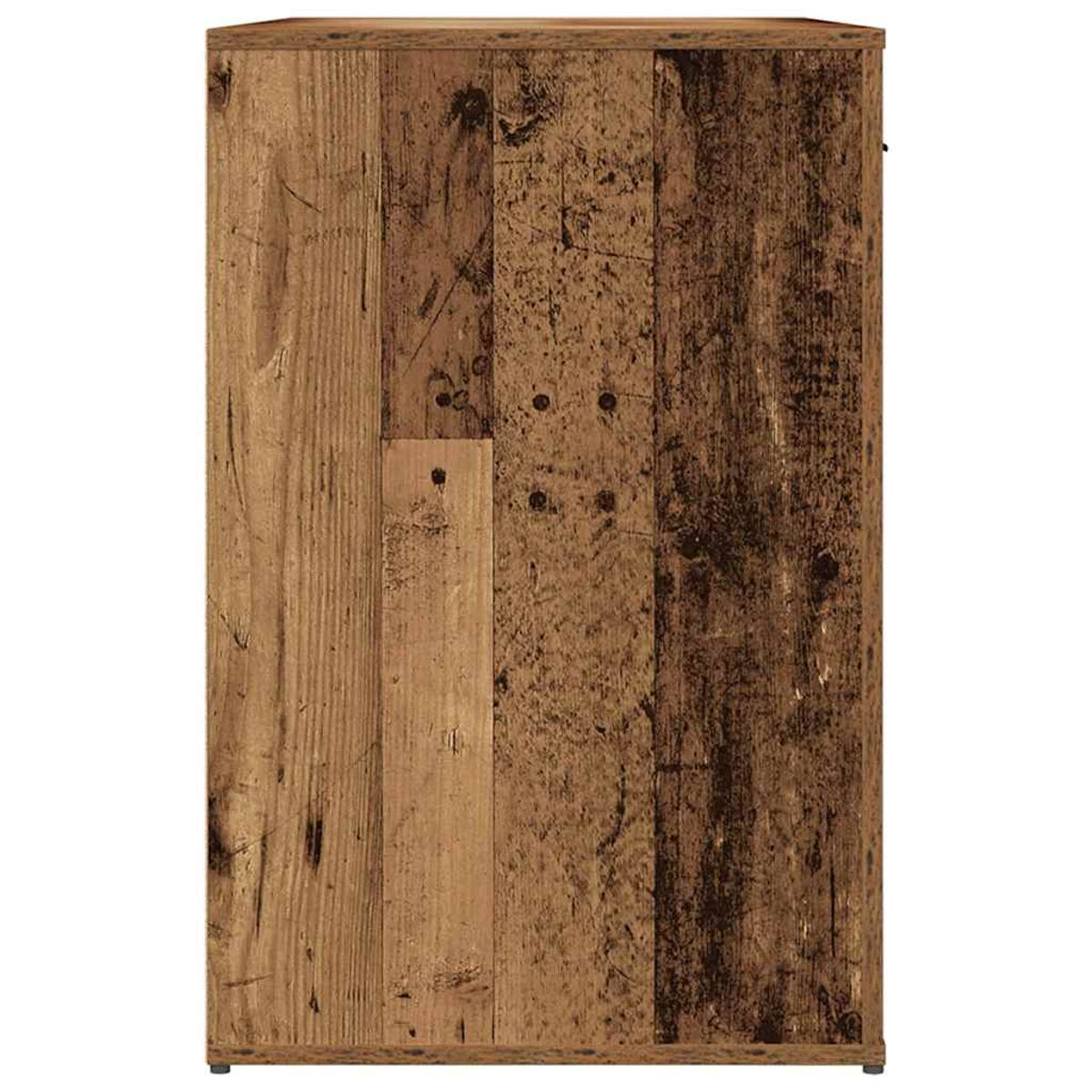 Holzschrank, Seitenansicht. Der Schrank besteht aus Holzbrettern, mit rustikalem Aussehen.
