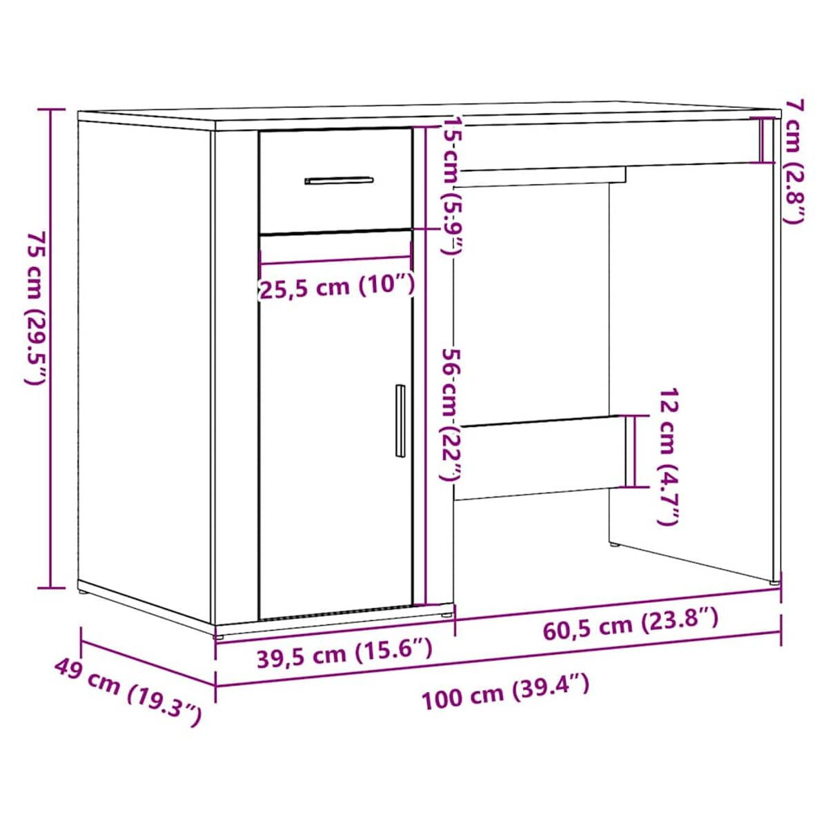 Weißer Schreibtisch mit Maßen. Mit Schublade, Schrank und Regal, mit Maßen in cm und Zoll.