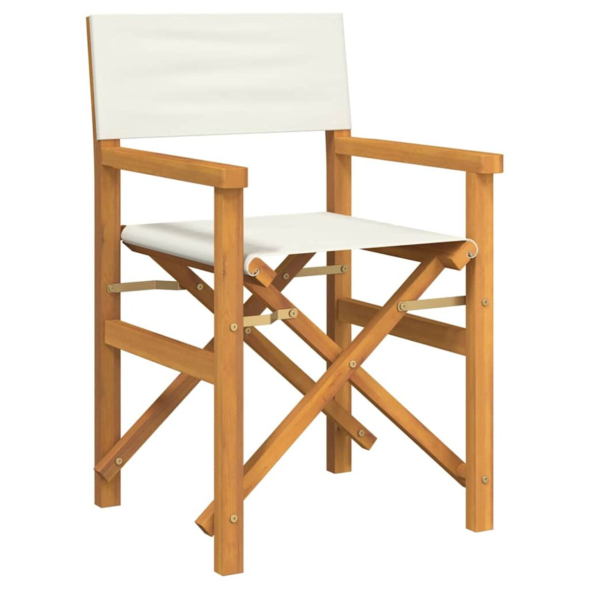 Holzregiestuhl mit weißem Stoff Sitz und Rücken. Er ist vor weißem Hintergrund platziert.