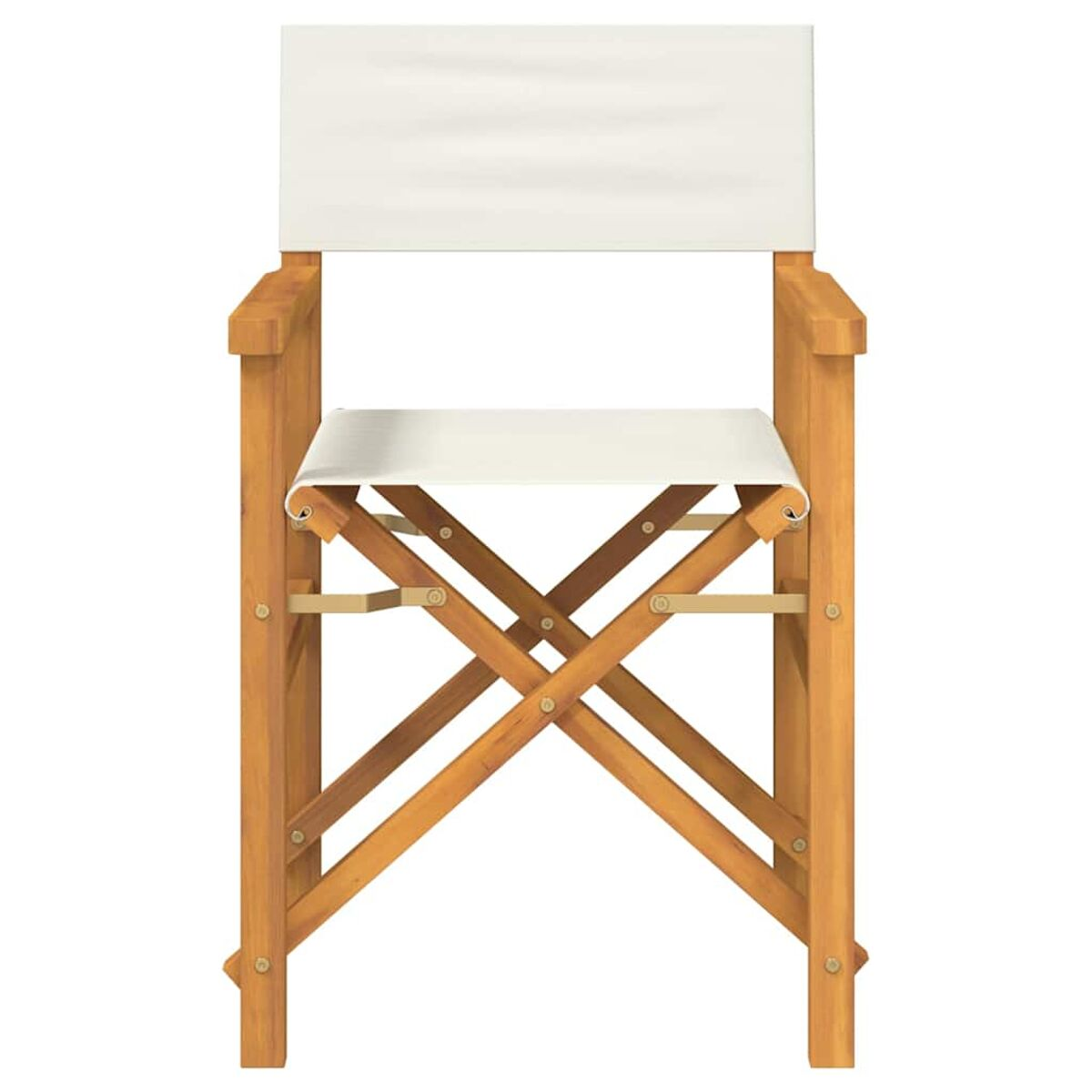 Regiestuhl aus Holz mit weißer Leinwand-Sitzfläche und Rückenlehne. Der Stuhl ist leer.