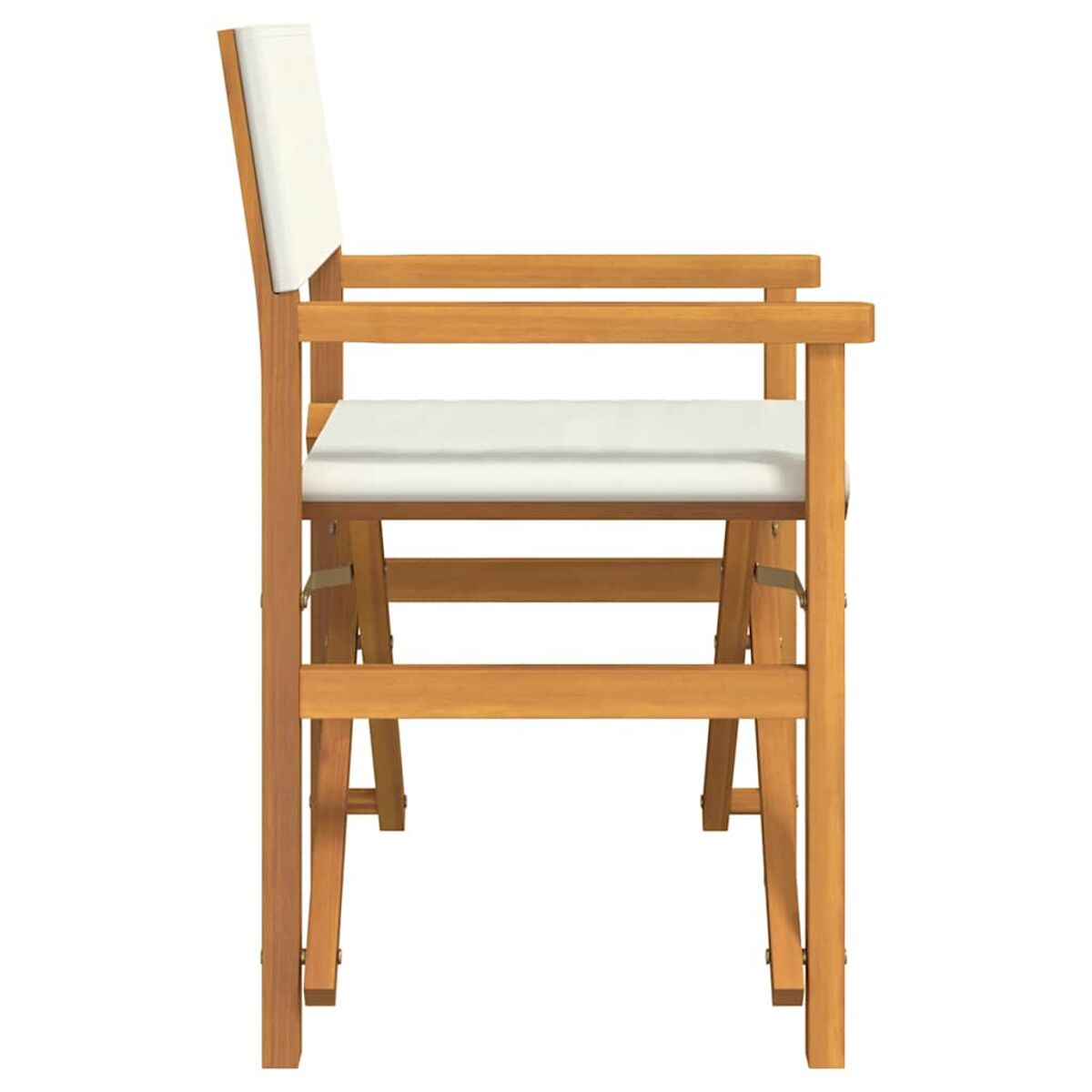 Holz-Outdoorkstuhl mit weißem Kissen und Armlehnen. Seitenansicht.