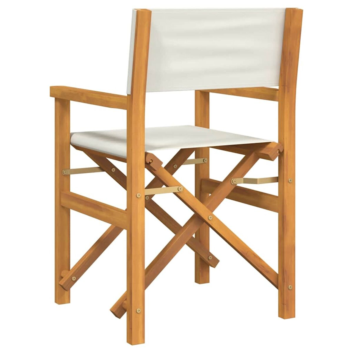 Holz-Regiestuhl mit weißem Leinensitz. Der Stuhl ist zusammengeklappt.