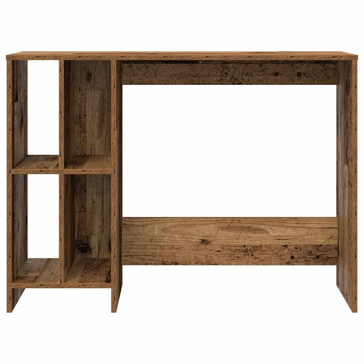Ein Holzschreibtisch mit Regalen und einem großen offenen Bereich für einen Computer.