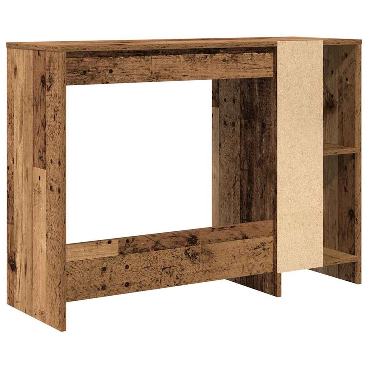 Holzschreibtisch mit großem Freiraum in der Mitte, einem Regal und zwei Seitenfächern.