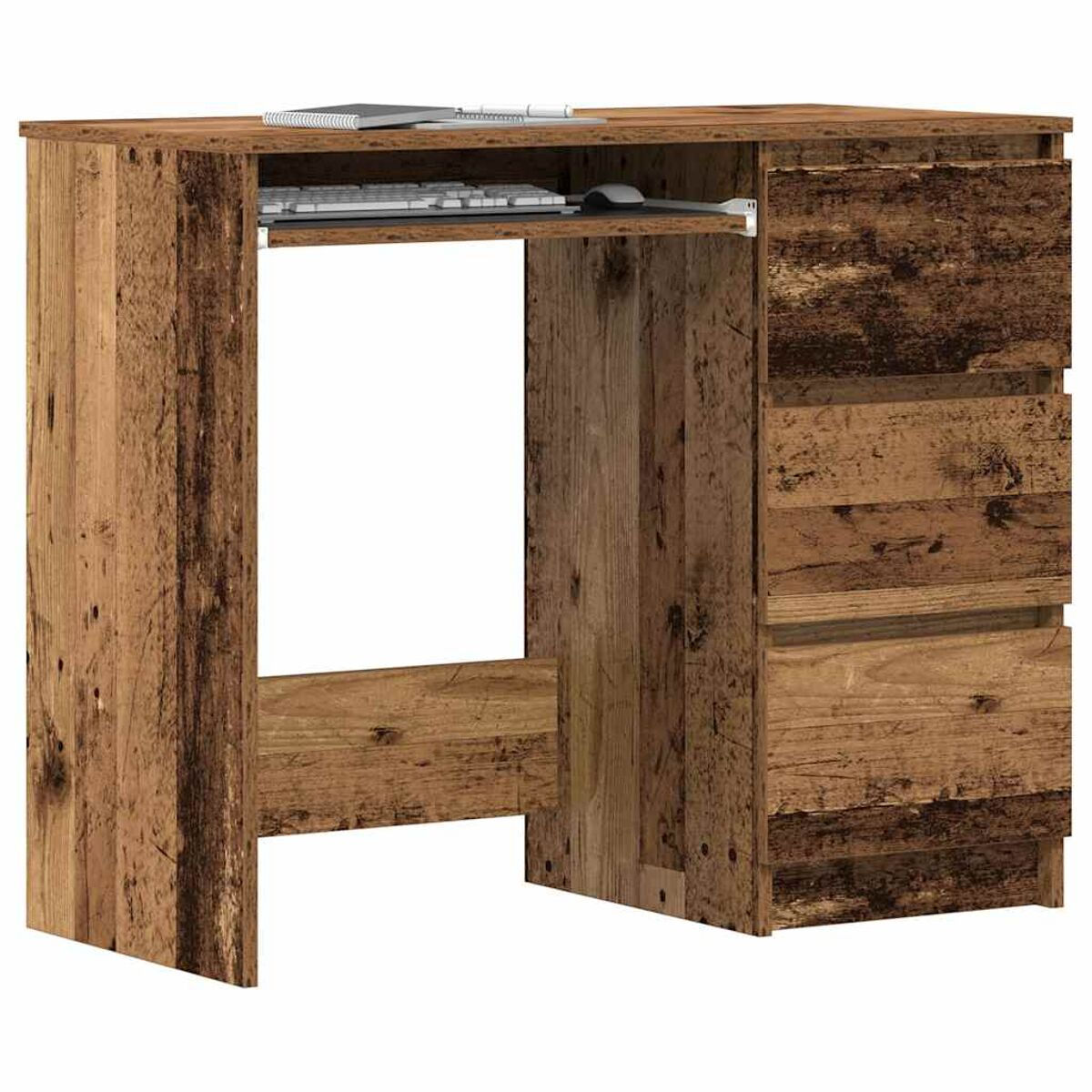 Holzschreibtisch mit Schubladen. Helle Holzfarbe, mit Tastaturablage und mehreren Schubladen zur Aufbewahrung.