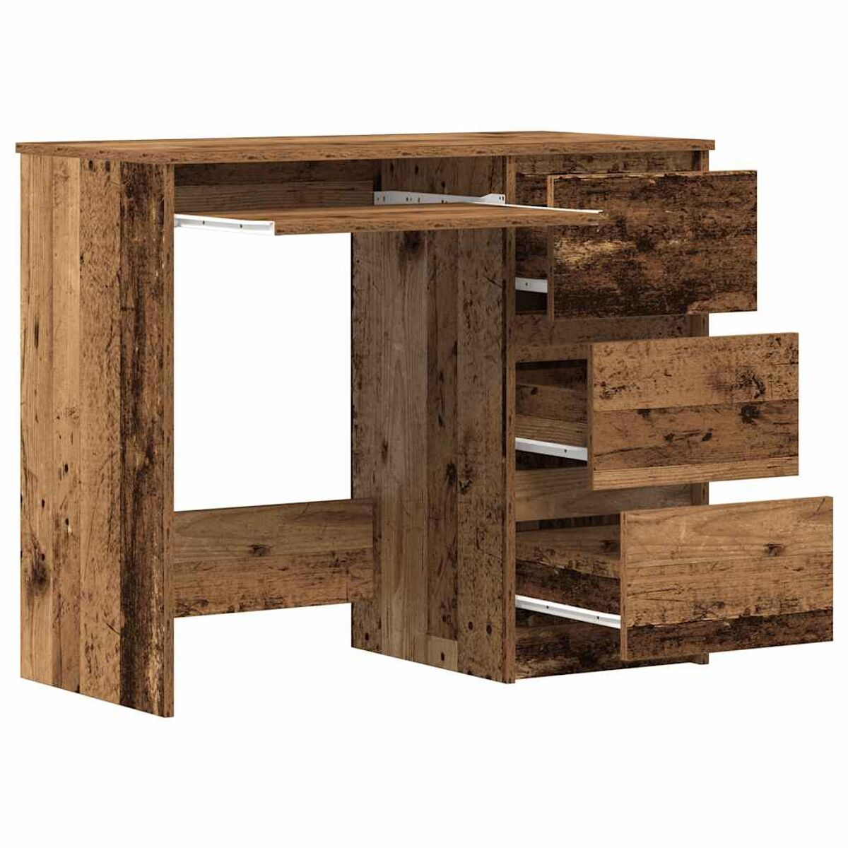 Holzschreibtisch mit Schubladen. Er hat eine Tastaturablage und drei Schubladen.