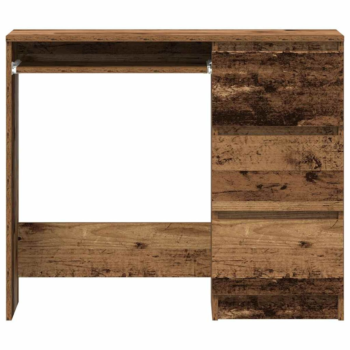 Holzschreibtisch. Dunkle Holzfarbe. Drei Schubladen rechts. Freiraum für Beine. Seitenansicht.