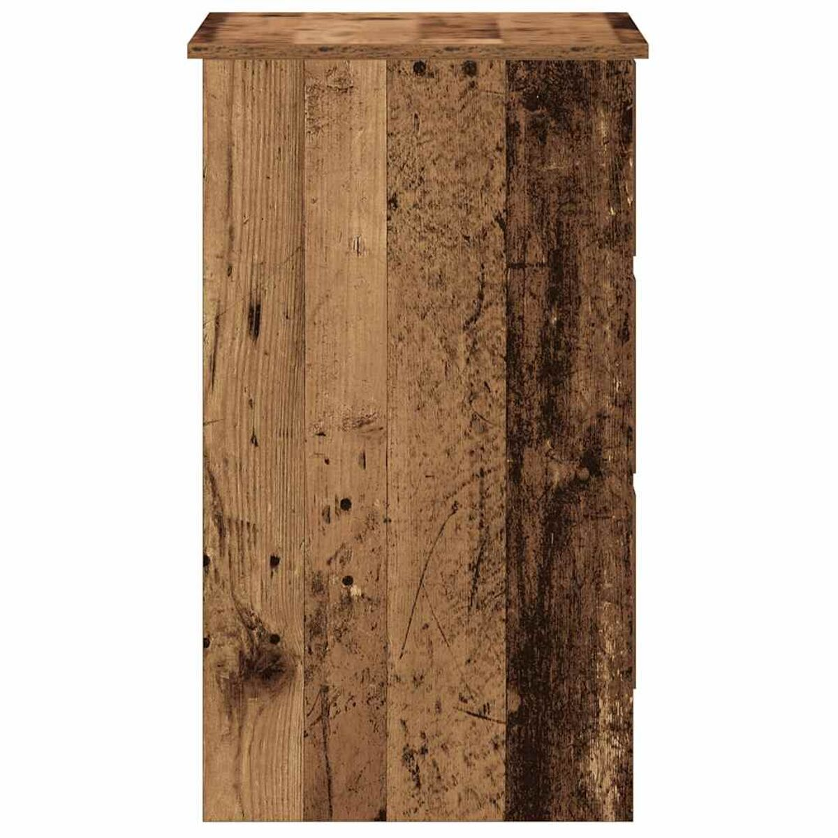 Ein brauner Holzschrank mit vertikalen Brettern.