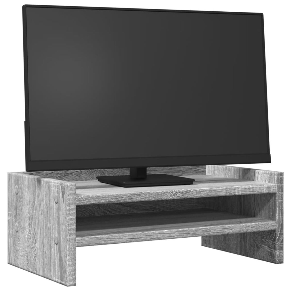 Ein grauer TV-Ständer aus Holz mit einem großen schwarzen Bildschirm-TV, der ein schlichtes, modernes Design zeigt.