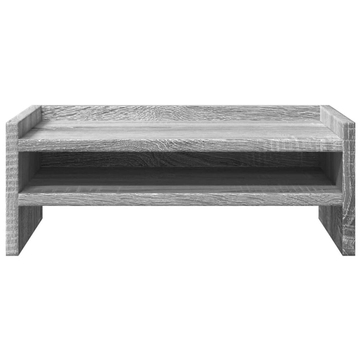 Ein graues Holzregal mit zwei Ebenen, von vorne gesehen.