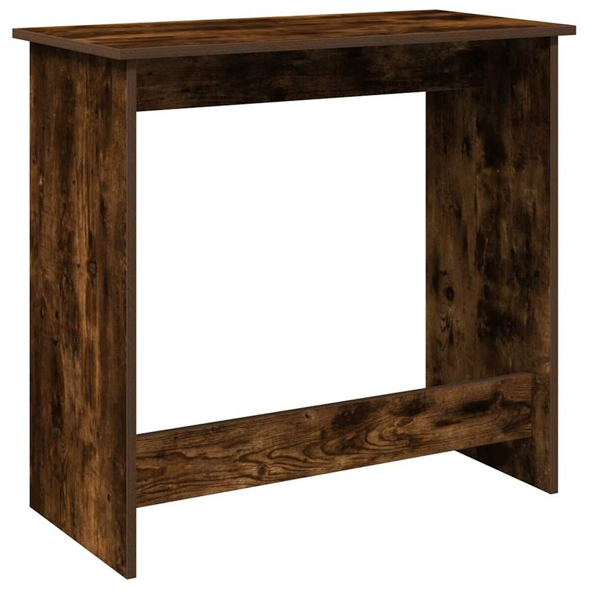 Brauner Holztisch mit offenem Mittelteil. Vertikales Holzmaserungsmuster. Schlichtes und stabiles Design.