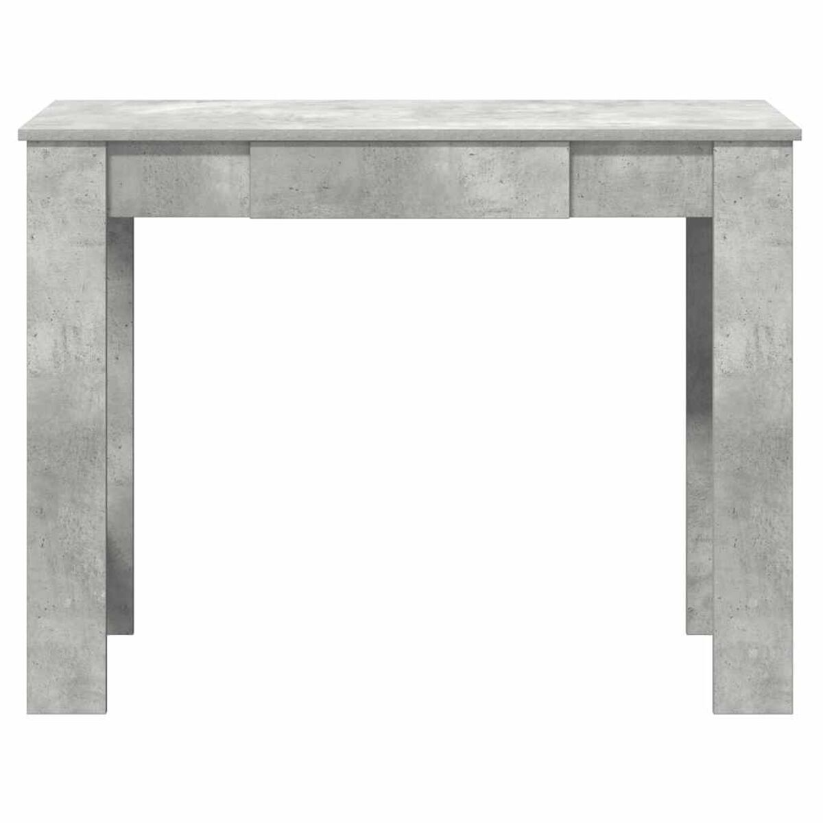Ein grauer, betonähnlicher Tisch mit vier Beinen, von vorne gesehen.