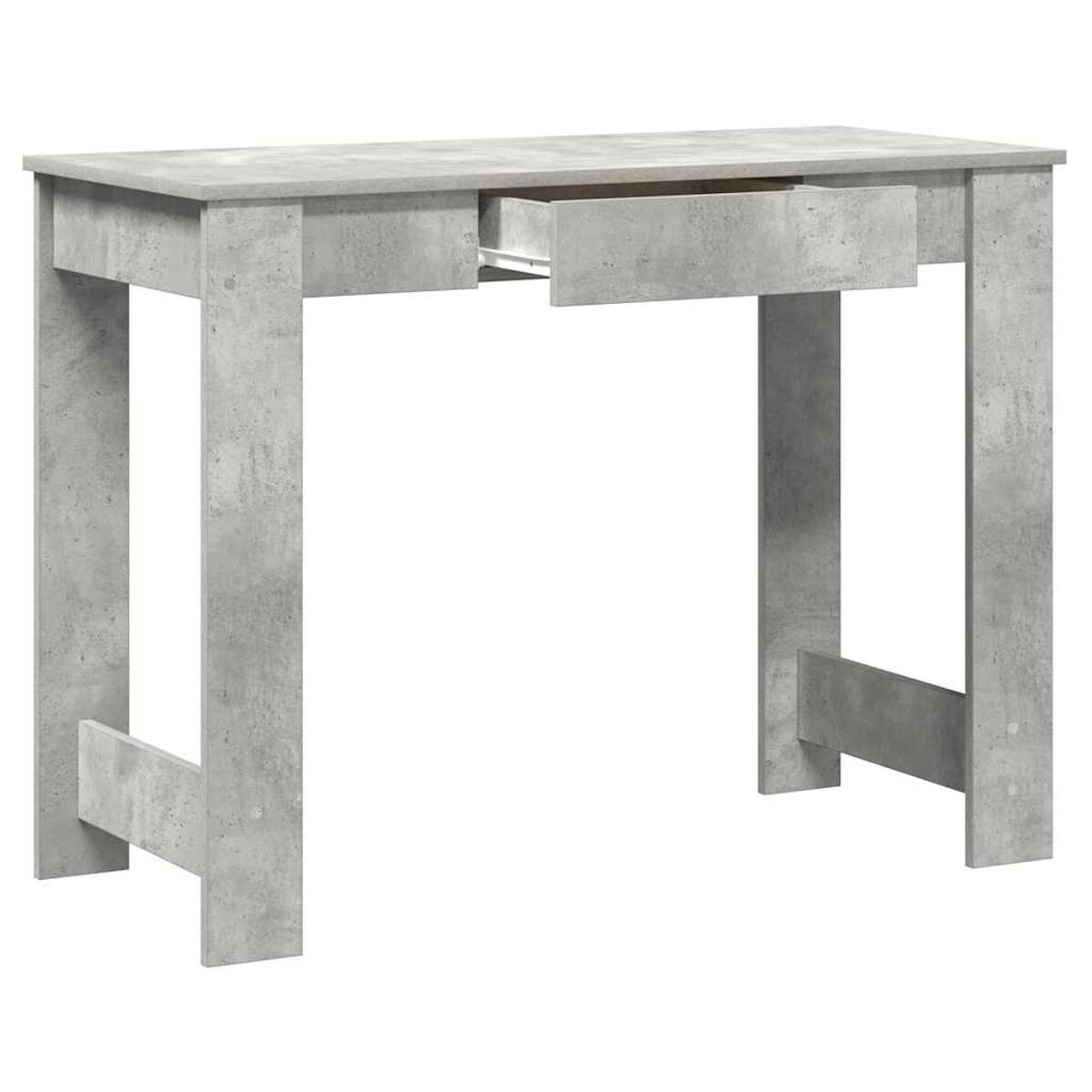 Ein grauer Schreibtisch im Betonstil mit zwei Schubladen, eine offen, vor weißem Hintergrund.