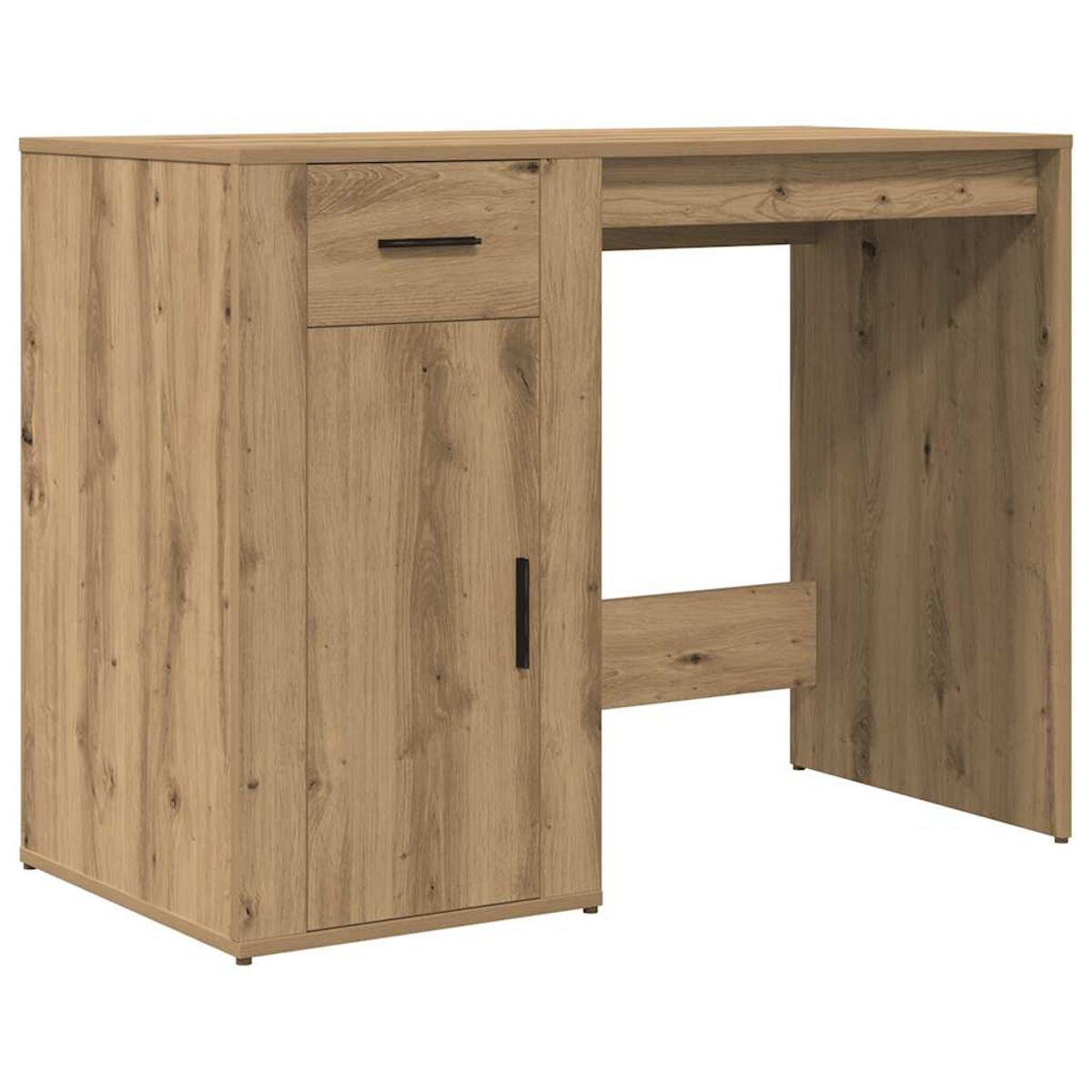 Holzschreibtisch mit Schublade und Schrank links und freiem Platz rechts, weißer Hintergrund.