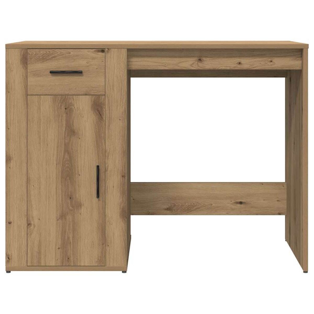 Ein Holzschreibtisch mit Schublade und Schrank. Der Schreibtisch hat eine hellbraune Holzoberfläche.