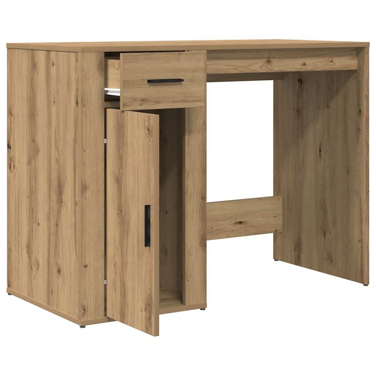 Holzschreibtisch mit Schublade und Schrank mit offener Tür.