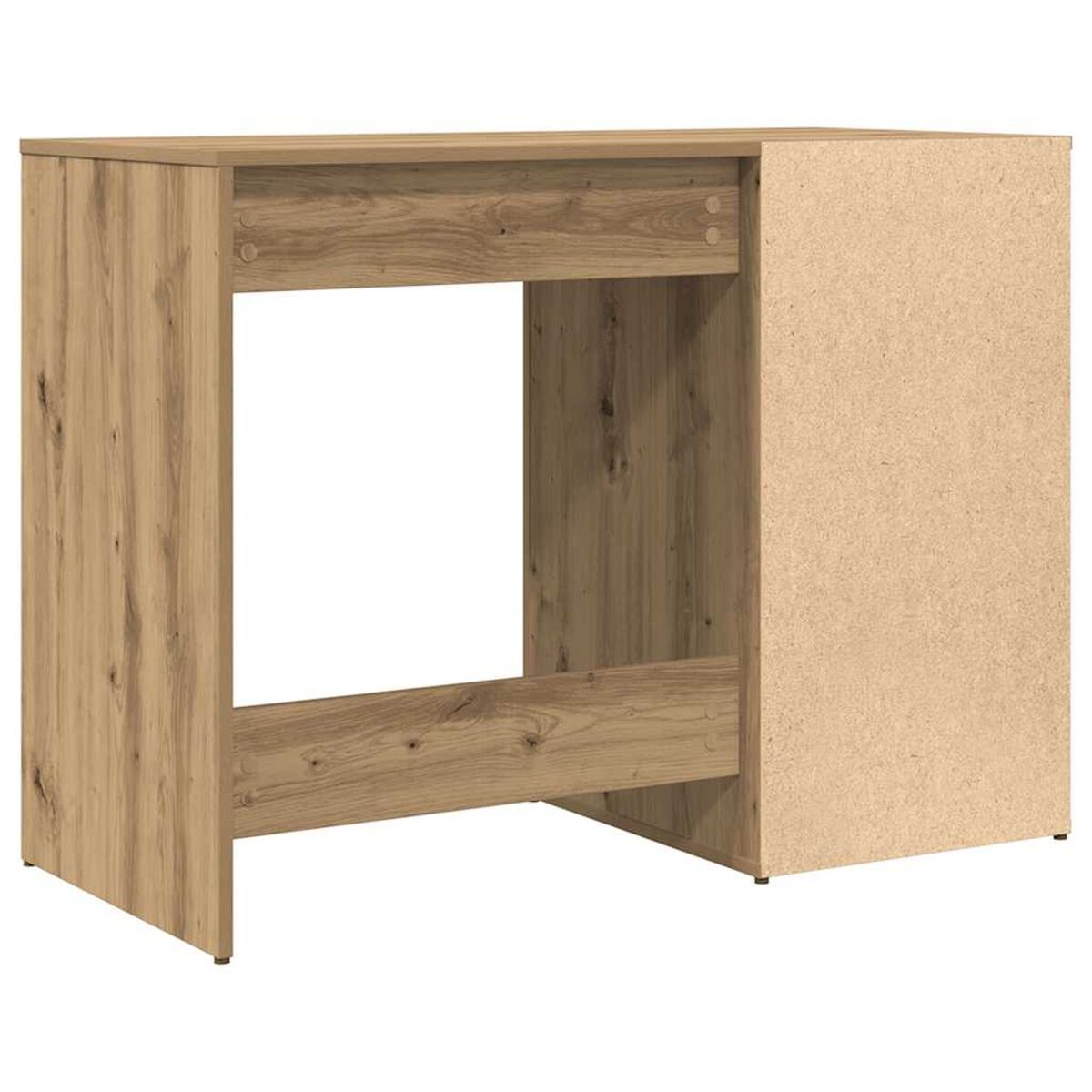 Holzschreibtisch mit einer Schublade auf der linken Seite sichtbar.