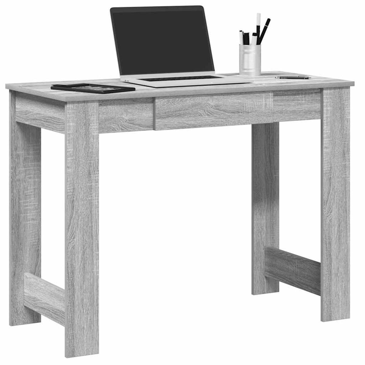 Hellgrauer Schreibtisch mit Laptop, Tablet und Stiften. Der Schreibtisch steht vor weißem Hintergrund.