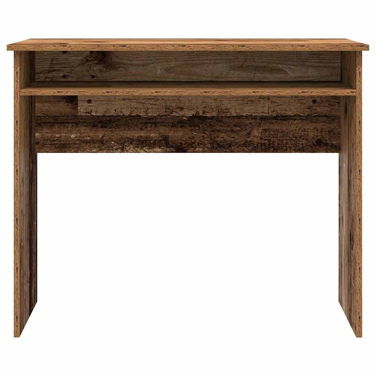 Ein Holzschreibtisch mit einem Regal. Es ist auf weißem Hintergrund.
