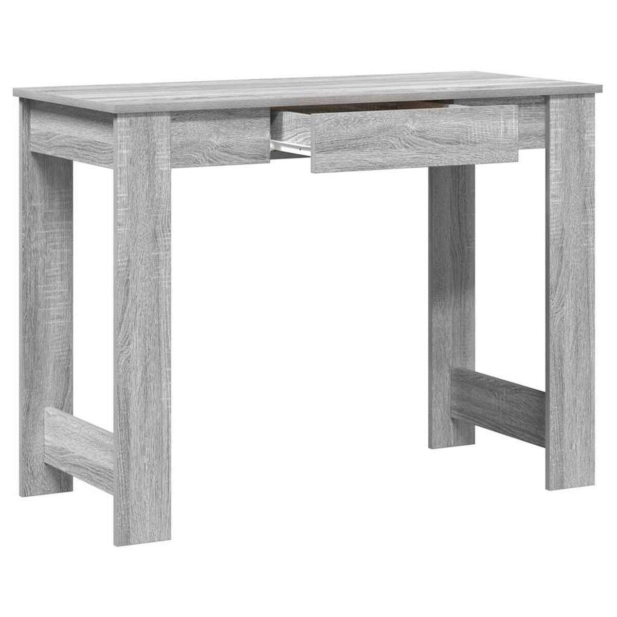 Grauer Holzschreibtisch mit leicht geöffneter Schublade. Einfaches Design, helle Holzmaserung sichtbar.