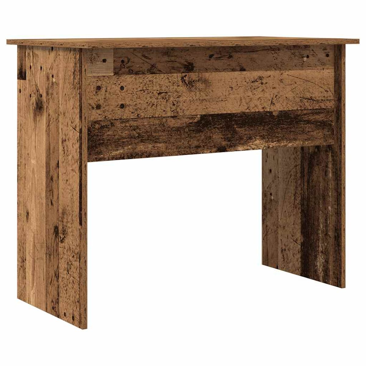 Holzschreibtisch im Used-Look mit sichtbaren Astlöchern und Spuren.