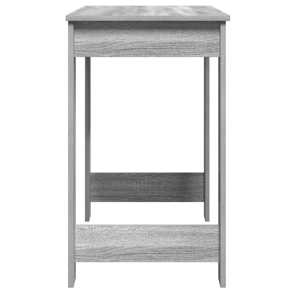 Ein grauer Holzschreibtisch. Der Schreibtisch hat ein schlichtes Design mit rechteckiger Platte.