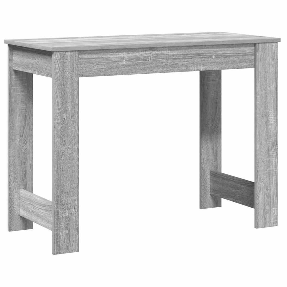 Grauer Holzschreibtisch, schlichtes Design, auf weißem Hintergrund.