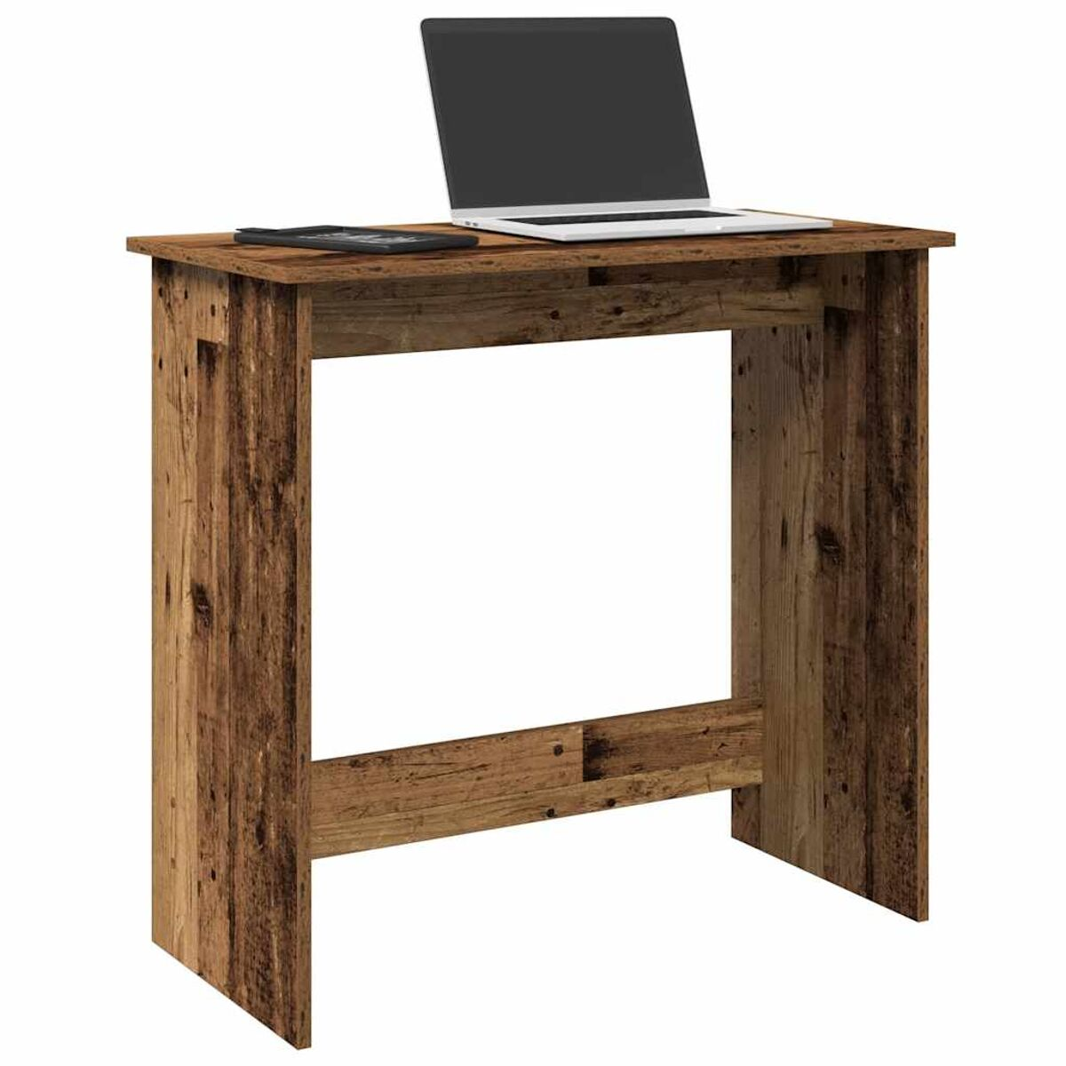 Holzschreibtisch mit Laptop und Telefon, beide auf einer glatten Oberfläche.