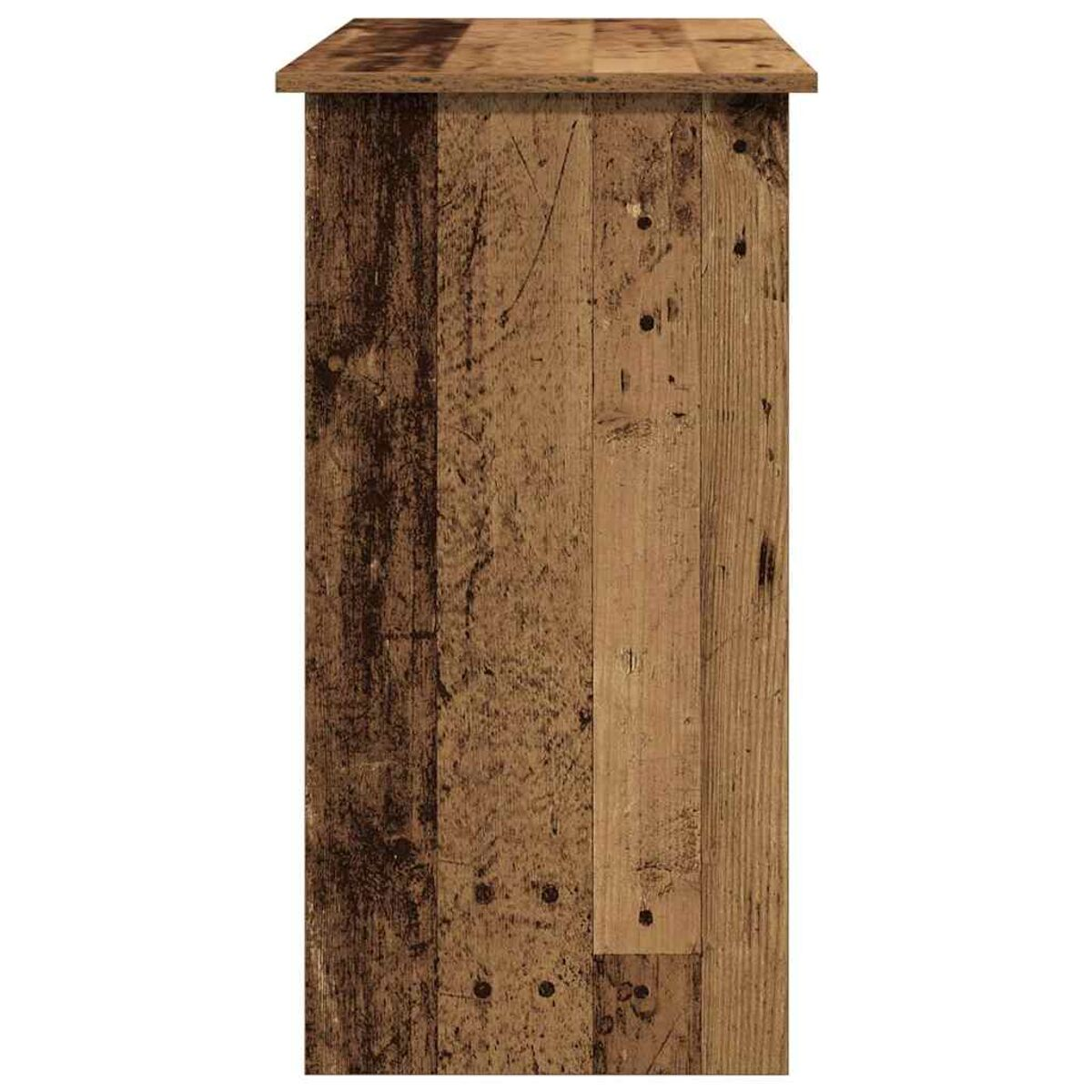 Seitenansicht des Holzschranks. Vertikale Bretter in hellen und dunklen Holztönen. Raue Textur.