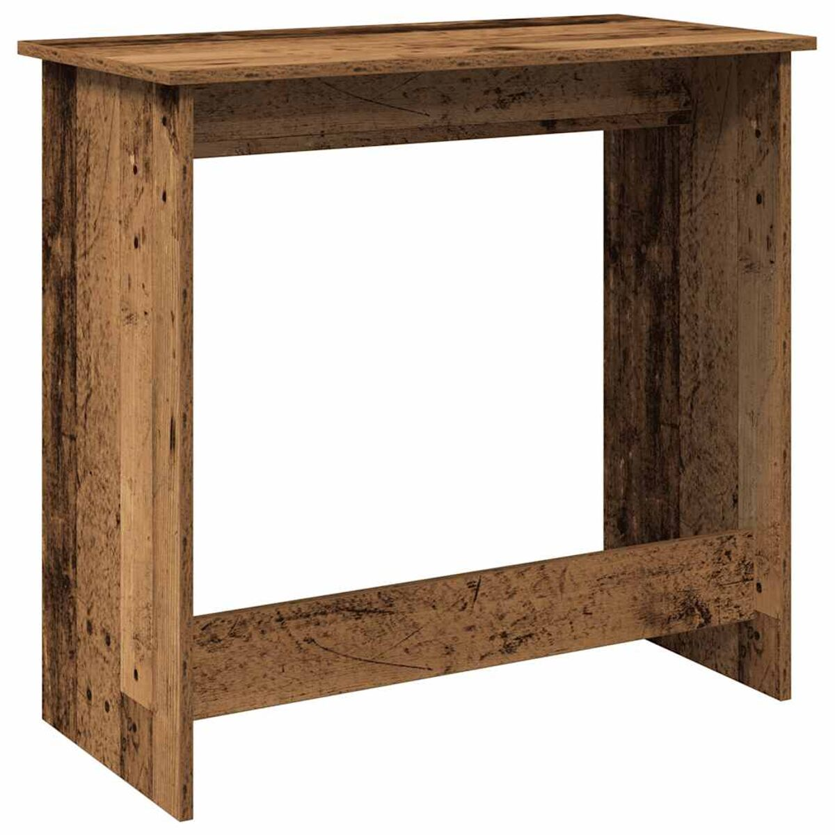 Ein rechteckiger Holztisch mit hohler Mitte und rustikalem Aussehen.