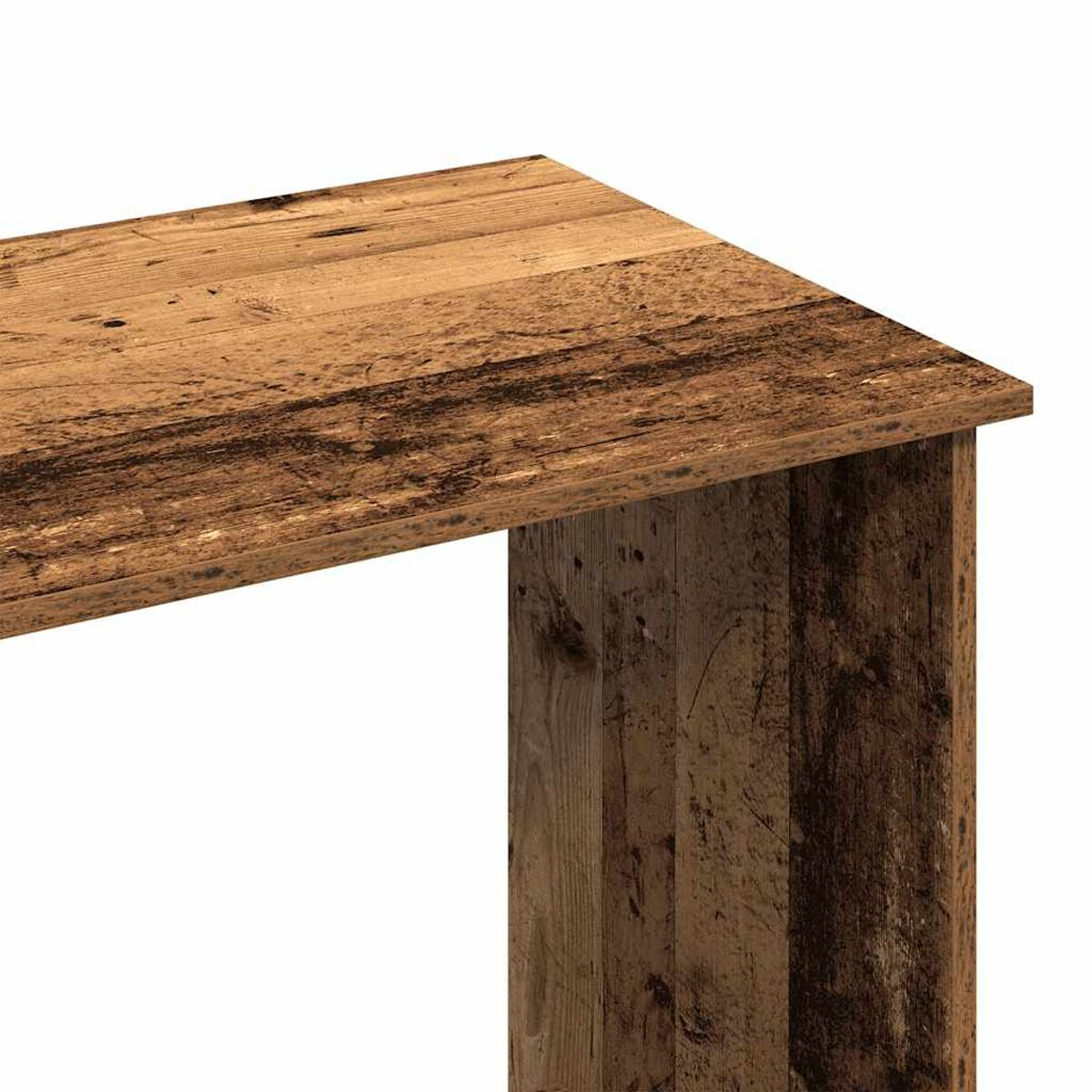 Nahaufnahme einer Holztischecke, die die Holzmaserung und Konstruktion zeigt.