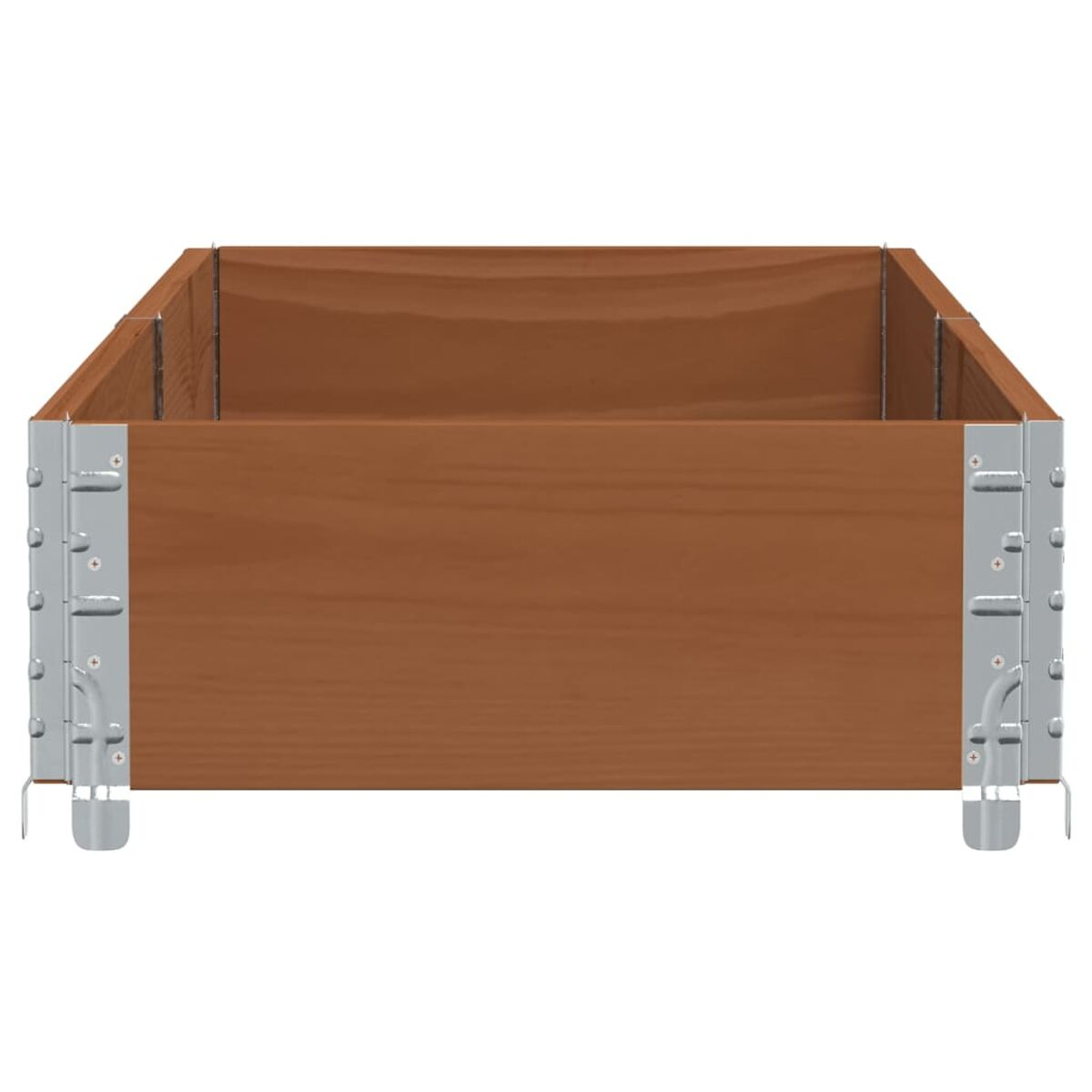 Fioriera in legno, di colore marrone. Realizzata in legno e metallo.