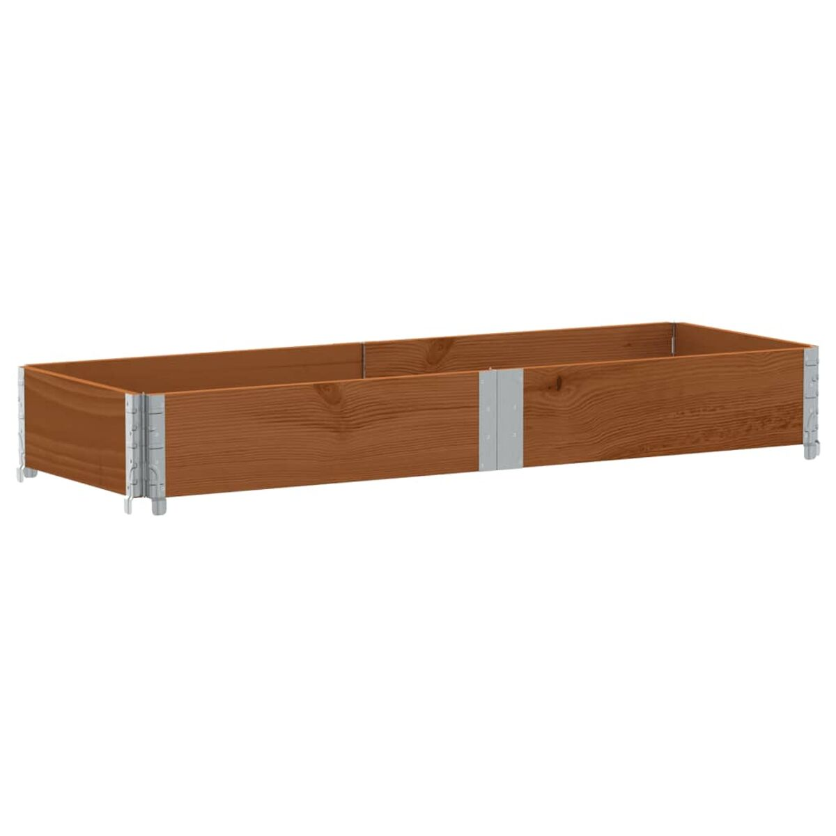 Aiuola rialzata in legno marrone con staffe metalliche. Forma rettangolare, sfondo chiaro.