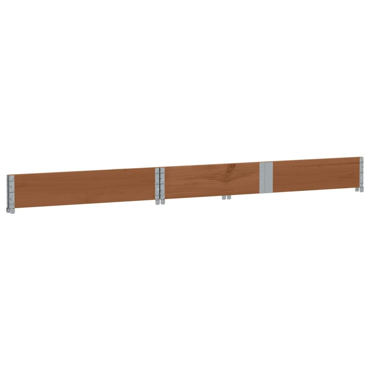 Bordo lungo in legno con connettori argentati. È composto da diverse assi di legno.
