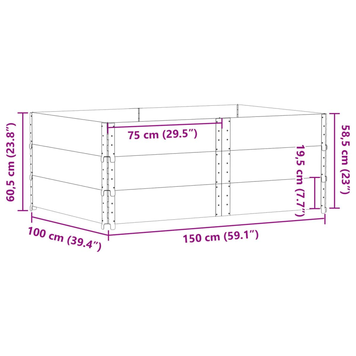 Diagramma con dimensioni di un'aiuola in legno.